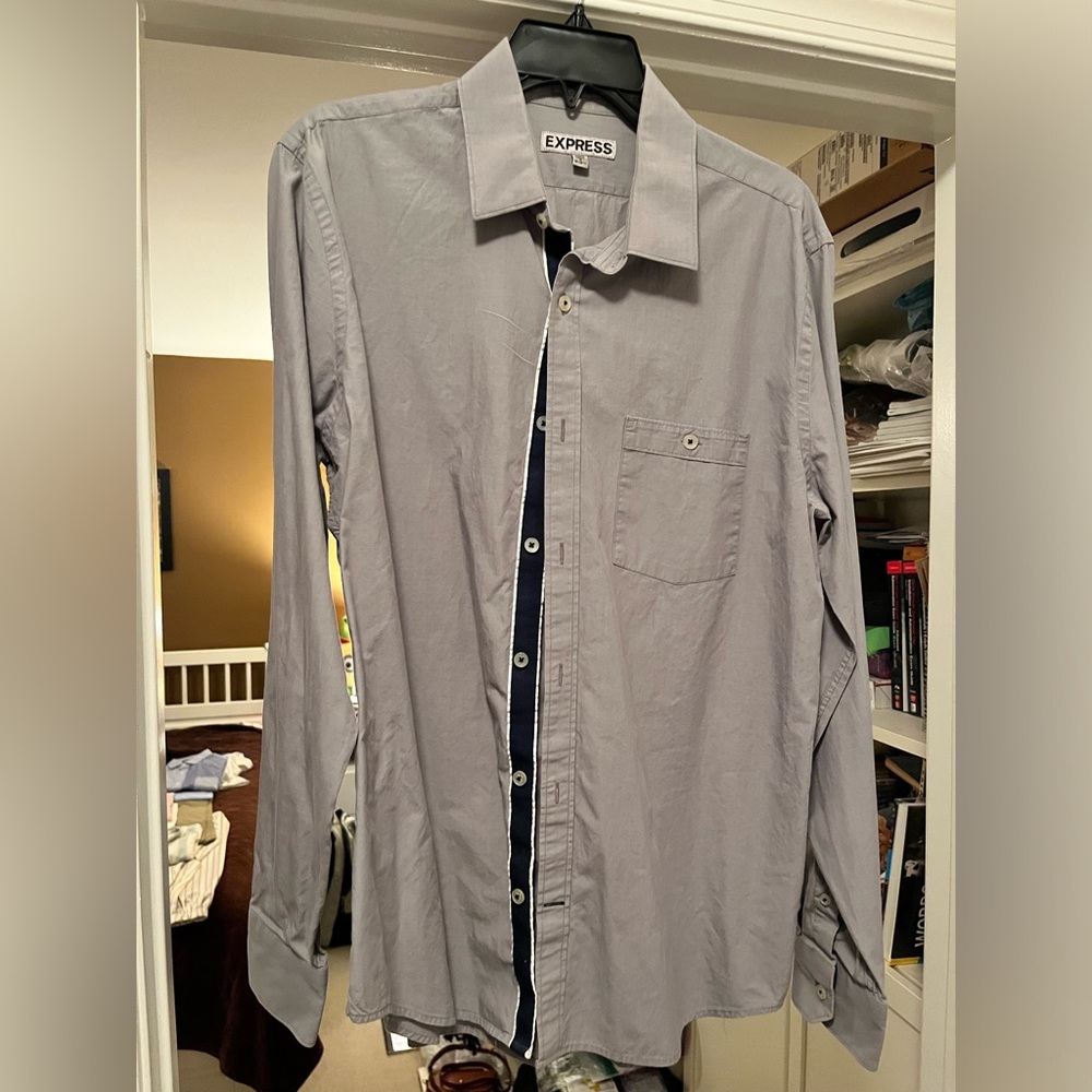 Express Men - Gray Button Down Long Sleeve Shirt (L, 16-16.5 neck length)